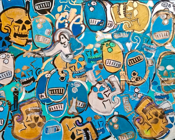 Mortality 1, artwork featuring skulls and abstract figures